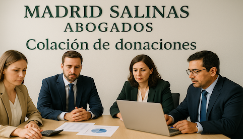 Equipo de “Madrid Salinas Abogados” revisando colación de donaciones; rótulo verde oscuro sobre fondo blanco.
