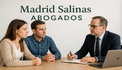 Abogado de Madrid Salinas Abogados asesora a una pareja durante su proceso de divorcio; fondo blanco con rótulo en verde oscuro.