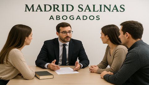 Abogado de Madrid Salinas Abogados explica medidas de nulidad, separación y divorcio a una pareja en sala de reuniones; fondo blanco con rótulo verde oscuro.