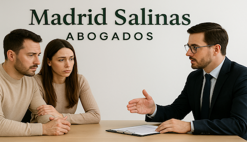 Pareja en reunión con su abogado en Madrid Salinas Abogados; fondo blanco con rótulo en verde oscuro, simbolizando separación de hecho y asesoramiento legal.