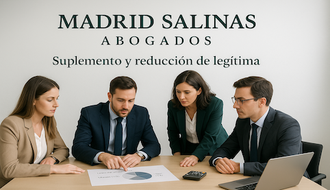 Equipo de Madrid Salinas Abogados revisando un cálculo de legítimas; rótulo verde oscuro sobre fondo blanco.
