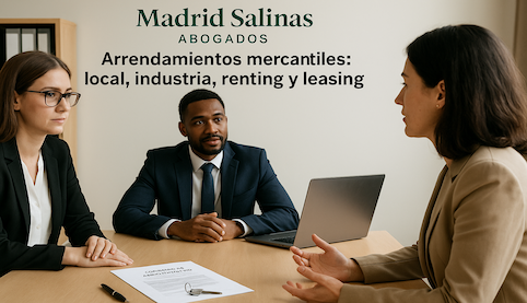 “Contrato de arrendamiento mercantil con llave de local y portátil en sala de reuniones, cabecera Madrid Salinas Abogados.”