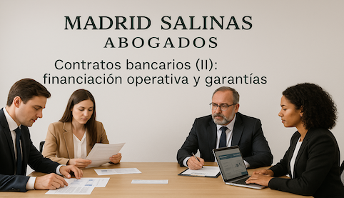 Reunión profesional sobre contratos bancarios en Madrid Salinas Abogados; rótulo en verde oscuro y, debajo, el título “Contratos bancarios (II): financiación operativa y garantías”.