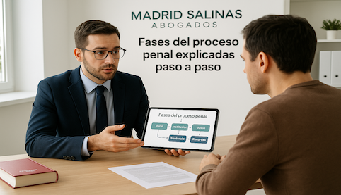 Abogado penalista de Madrid Salinas Abogados explicando a un cliente las fases del proceso penal en un despacho profesional