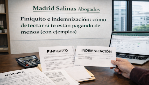 Abogado revisando finiquito e indemnización con nóminas y calculadora en un despacho.