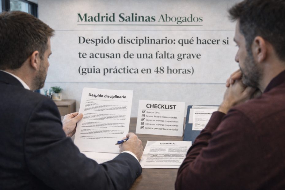Abogado revisando carta de despido disciplinario y pruebas con un cliente en un despacho.