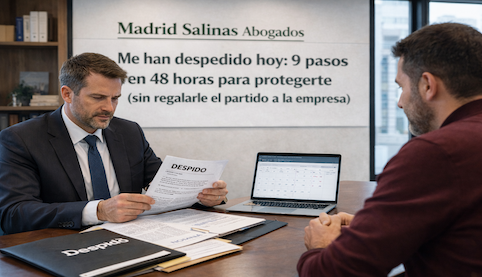 Abogado laboral revisando carta de despido y finiquito con un cliente en un despacho.