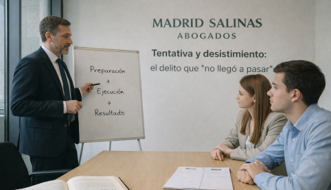 Abogado asesorando a clientes sobre tentativa y desistimiento en Derecho penal con el Código Penal sobre la mesa