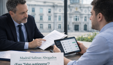 Abogado asesorando a un trabajador sobre falso autónomo, con edificio judicial al fondo y rótulo de Madrid Salinas Abogados.