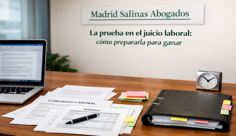 Abogado preparando pruebas para un juicio laboral con documentos y portátil en despacho profesional Madrid Salinas Abogados