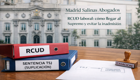 Carpeta RCUD y documentos de casación laboral en mesa de despacho Madrid Salinas Abogados