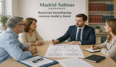 “Equipo de Madrid Salinas Abogados analizando reservas hereditarias viudal y lineal en una herencia familiar”