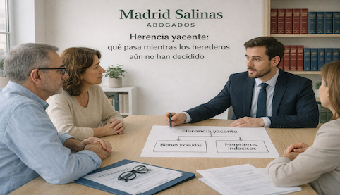 Abogado de Madrid Salinas Abogados explicando a varios herederos qué es la herencia yacente y qué ocurre mientras no aceptan la herencia
