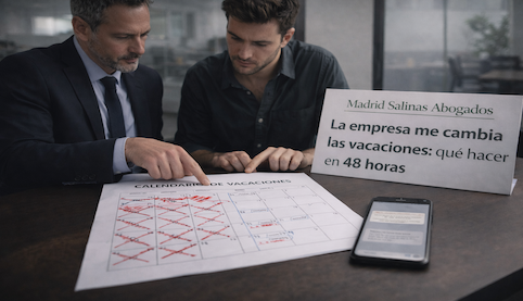 Abogado revisando cambio de vacaciones en calendario laboral y mensaje de empresa – Madrid Salinas Abogados