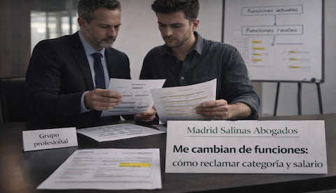 Abogado asesorando sobre cambio de funciones y reclamación de categoría profesional y salario – Madrid Salinas Abogados.