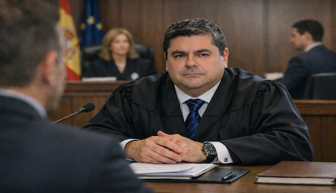 Cliente enseñando en su móvil un justificante de transferencia a un abogado de Madrid Salinas Abogados, con el rótulo del despacho y el título del artículo al fondo