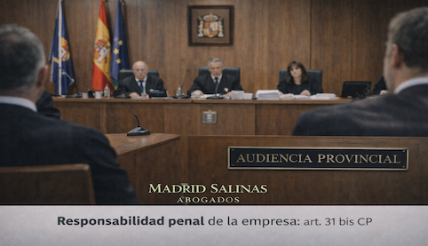 Mesa de trabajo corporativa con Código Penal y checklist de compliance, ilustrando la responsabilidad penal de la empresa (art. 31 bis CP).