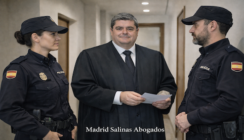 Abogado penalista de Madrid Salinas Abogados con toga española en juzgado de Sevilla antes de vista por detención ilegal