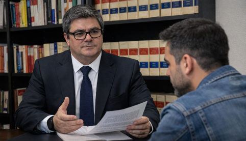 Abogado penalista de Madrid Salinas Abogados asesorando a cliente sobre delito de detención ilegal en despacho con librería jurídica en Sevilla