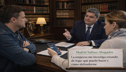 Abogado en consulta con clientes sobre investigación empresarial durante baja médica en despacho con librería jurídica Madrid Salinas Abogados