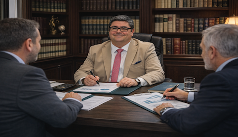 Abogado asesorando a socios sobre la transmisión de participaciones en una sociedad limitada durante reunión empresarial.