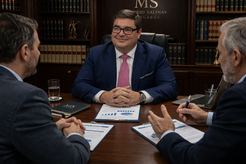 Abogado asesorando a socios sobre pacto de socios en sociedad limitada en reunión empresarial.