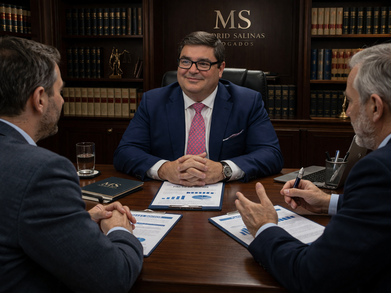 Abogado asesorando a socios sobre pacto de socios en sociedad limitada en reunión empresarial.