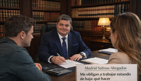 Abogado en consulta con clientes sobre exigencia de trabajar durante una baja médica en despacho con librería jurídica Madrid Salinas Abogados