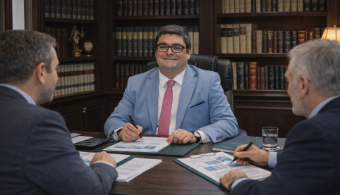 Abogado asesorando a socios sobre separación y exclusión en sociedad limitada durante reunión empresarial.