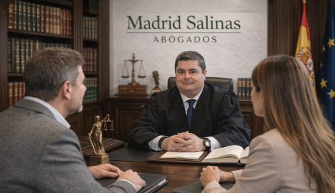 Abogado asesorando a clientes sobre aceptación tácita de herencia en despacho con librería jurídica Madrid Salinas Abogados