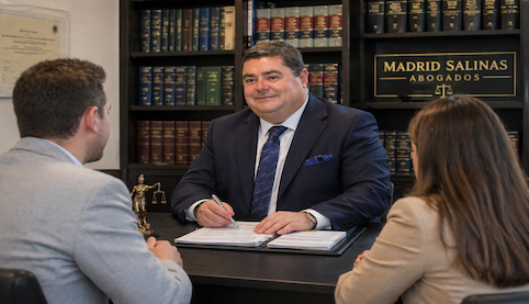 Abogado de Madrid Salinas Abogados reunido con clientes en el despacho, con librería jurídica al fondo, en una consulta sobre responsabilidad mercantil y administradores de sociedades.