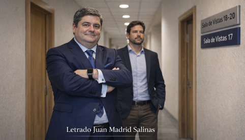 Abogado con cliente en juzgado de lo social antes de juicio por despido por ausencias al trabajo