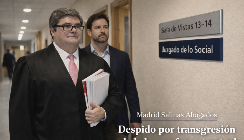 Abogado con cliente en juzgado de lo social antes de juicio por despido disciplinario