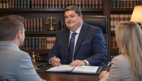 Abogado de Madrid Salinas Abogados reunido con dos clientes en el despacho, con librería jurídica al fondo, en una consulta sobre asuntos de derecho civil.