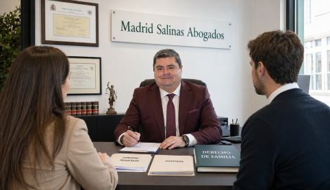 Abogado de Madrid Salinas Abogados asesorando a una pareja antes de firmar un convenio regulador sobre custodia, pensión de alimentos y vivienda familiar.