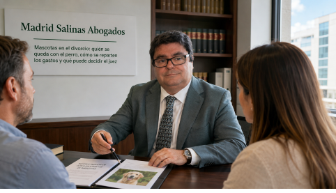 Abogado de familia de Madrid Salinas Abogados reunido con clientes en el despacho para asesorar sobre quién se queda con el perro en el divorcio y cómo se reparten los gastos de la mascota.