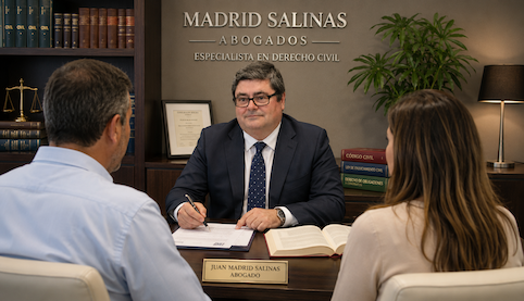 Juan Madrid Salinas reunido con clientes en Madrid Salinas Abogados para reclamar humedades ocultas y vicios ocultos tras la compra de una vivienda