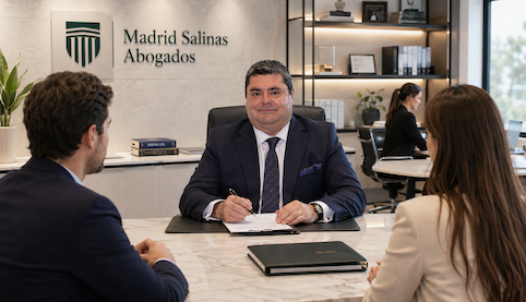 Abogado mercantil en Sevilla reunido con clientes en Madrid Salinas Abogados para asesorar sobre un conflicto entre socios.