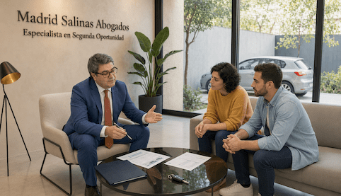 Abogado asesorando a unos clientes sobre cómo conservar el coche en la Segunda Oportunidad
