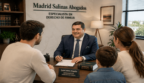 Abogado de familia asesorando a unos padres y su hijo sobre un cambio de custodia y domicilio del menor