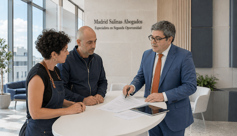 Juan Madrid Salinas explica a dos clientes cuándo la Segunda Oportunidad puede paralizar los embargos.