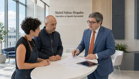 Juan Madrid Salinas explica a dos clientes cuándo la Segunda Oportunidad puede paralizar los embargos.