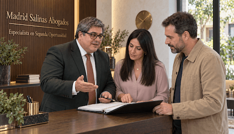 Juan Madrid Salinas revisa una carpeta con dos clientes durante una consulta sobre la Segunda Oportunidad.