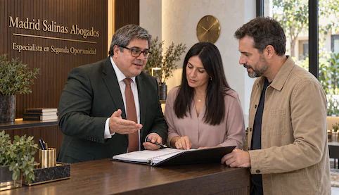 Juan Madrid Salinas revisa una carpeta con dos clientes durante una consulta sobre la Segunda Oportunidad.