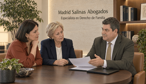 Juan Madrid Salinas, con traje verde oliva, asesora a dos mujeres en su despacho de Derecho de Familia.