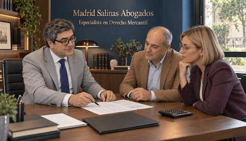 Juan Madrid Salinas revisa con dos clientes documentación sobre indemnización por clientela en un contrato de agencia.