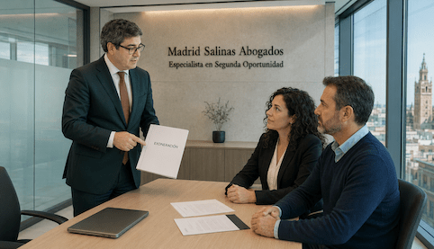 Juan Madrid Salinas explica a dos clientes cuándo puede revocarse la exoneración de deudas.