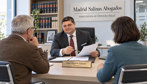 Juan Madrid Salinas, con traje gris marengo, revisa documentación con dos clientes en el despacho de Madrid Salinas Abogados.