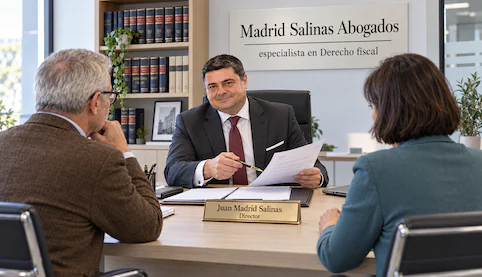 Juan Madrid Salinas, con traje gris marengo, revisa documentación con dos clientes en el despacho de Madrid Salinas Abogados.