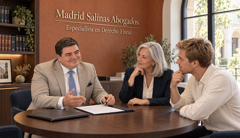 Juan Madrid Salinas, con traje beige, asesora a dos clientes en su despacho sobre los impuestos de una donación a un hijo.